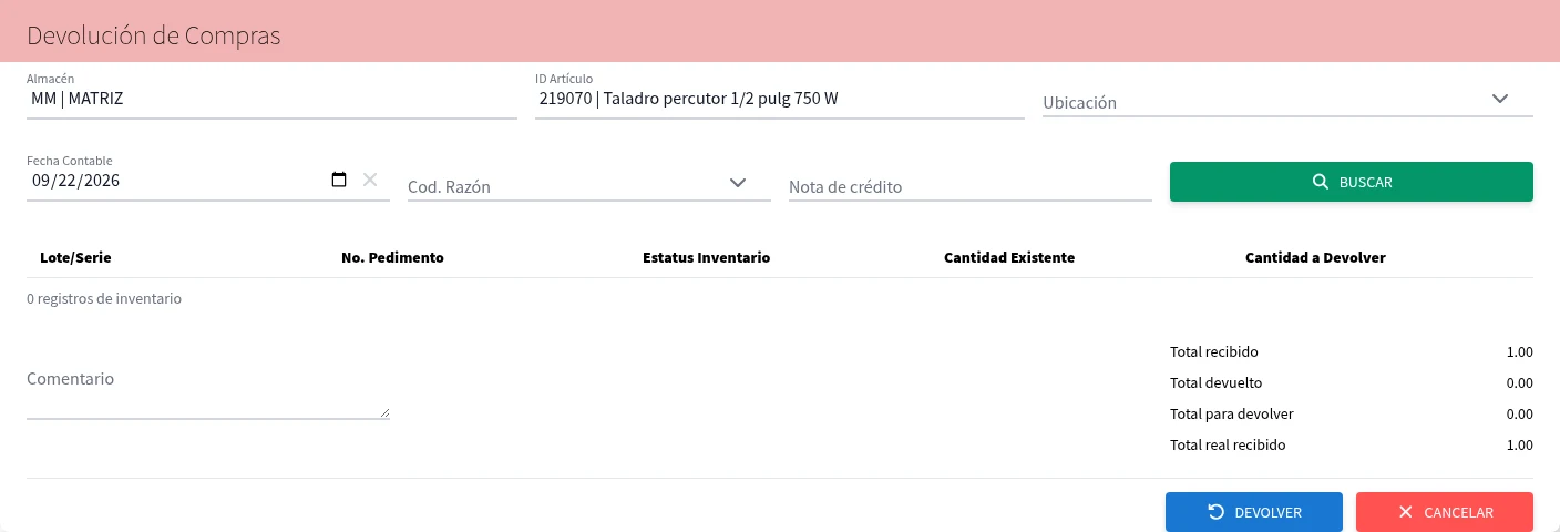 Captura de C3030, vista devolucion