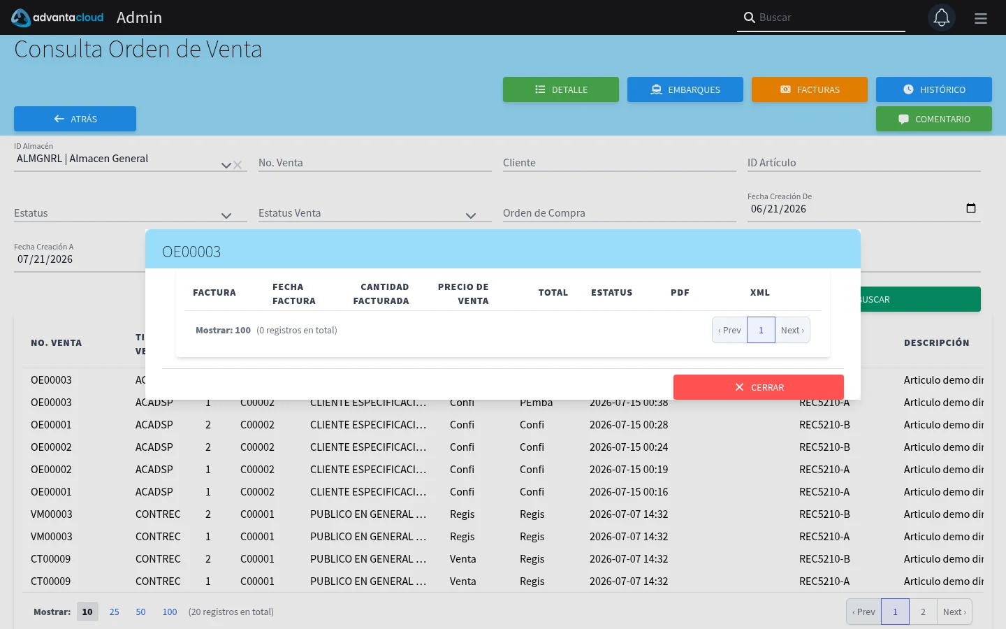 Captura de F3520, vista invoices