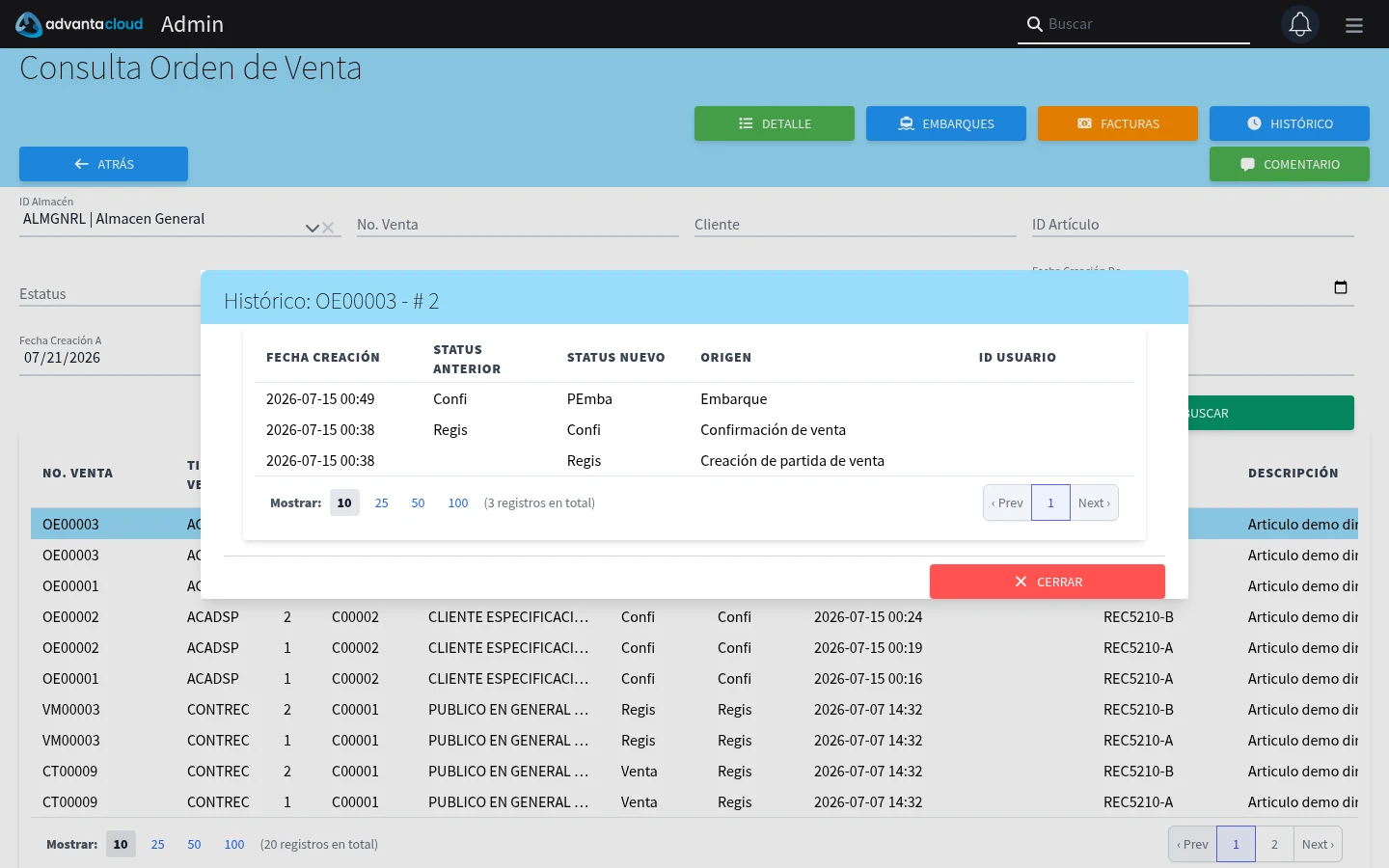 Captura de F3520, vista status-history