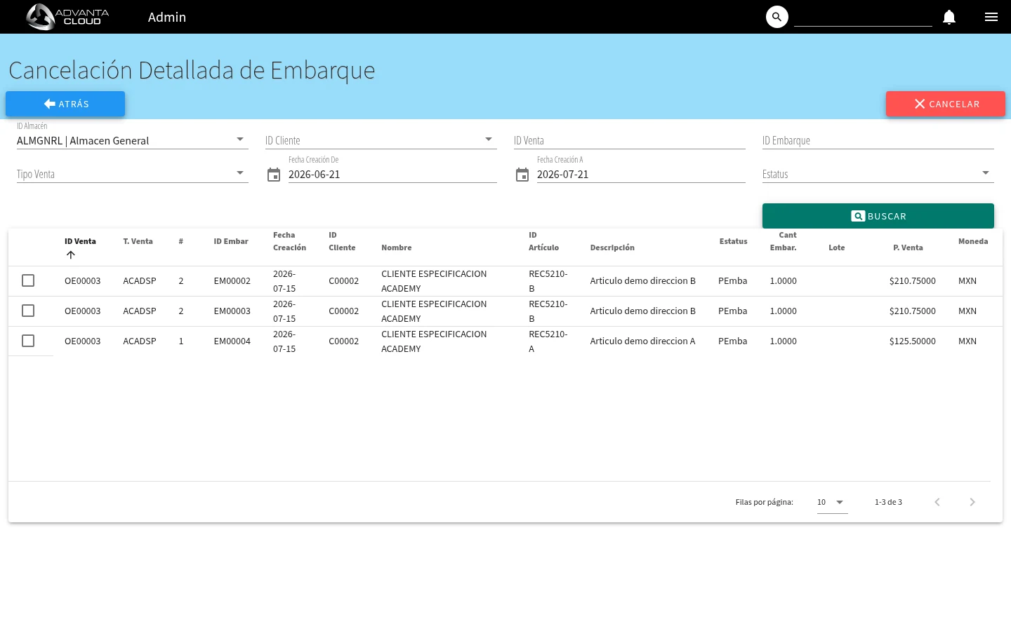 Captura de F3543, vista cancels
