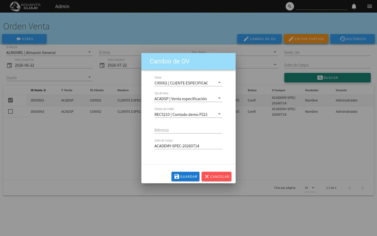 Captura de F3560, vista changecustomer