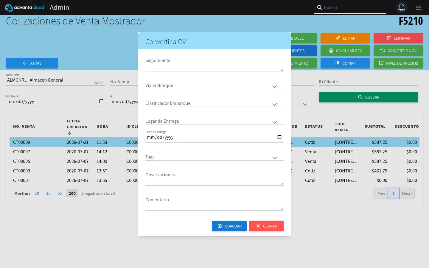 Captura de F5210, vista conversion