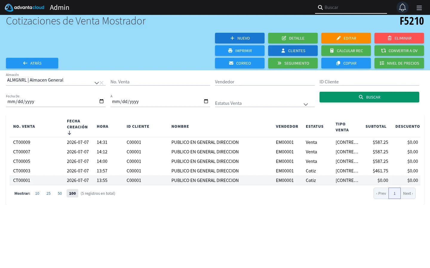 Captura de F5210, vista index