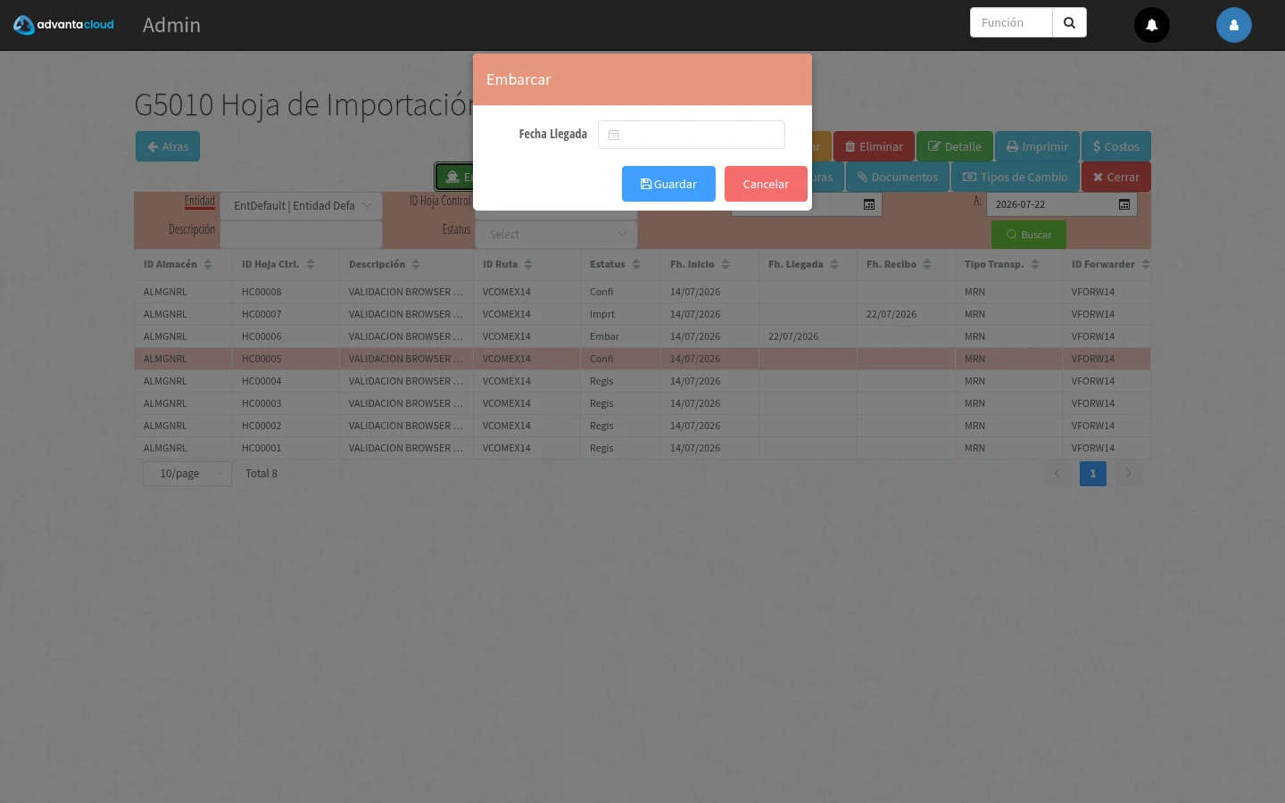 Captura de G5010, vista shipment-xexm