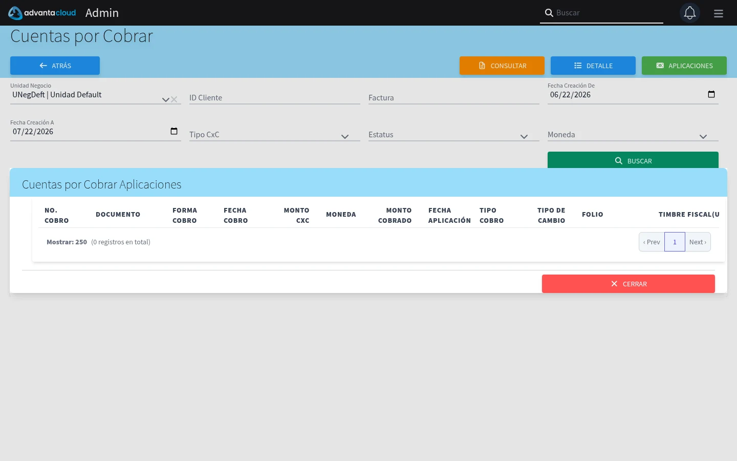 Captura de R20, vista applications